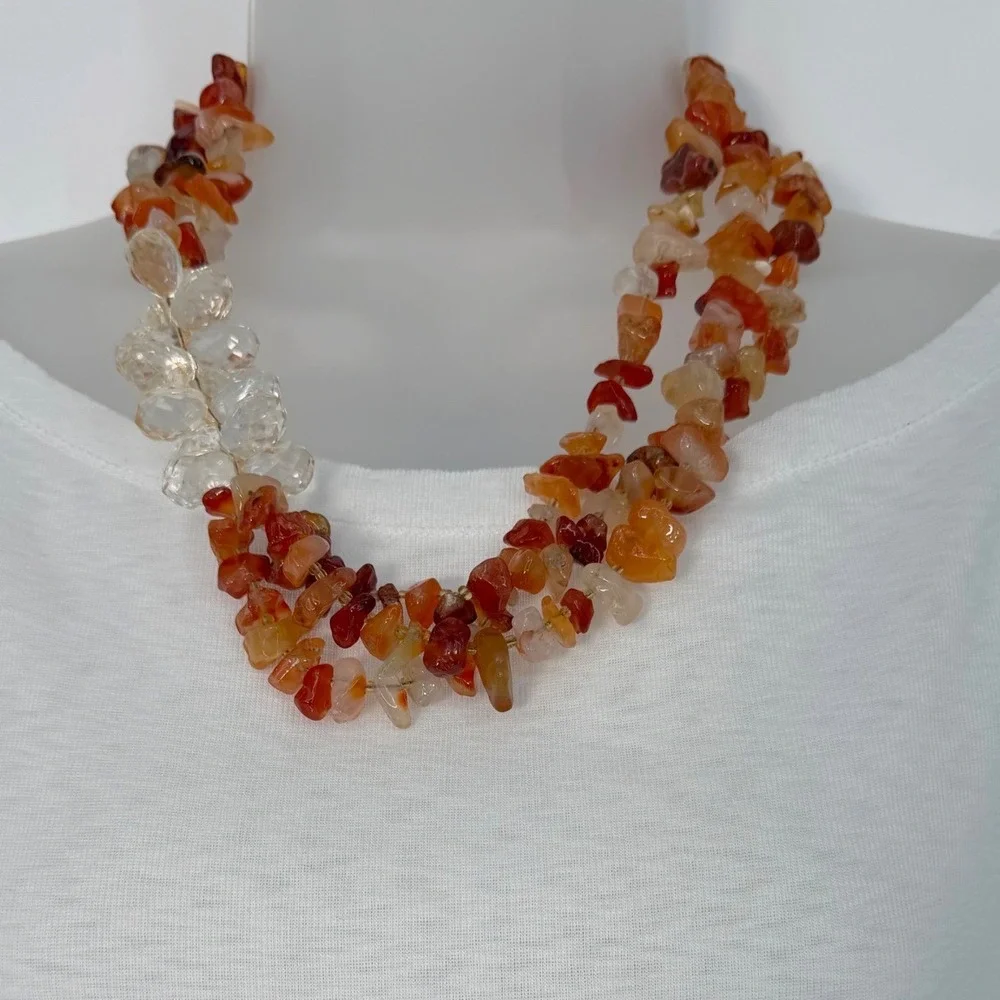 LOFT Orange Stone Chip Multi Strand Necklace Amber Clear Bead Accent Chic 103-63